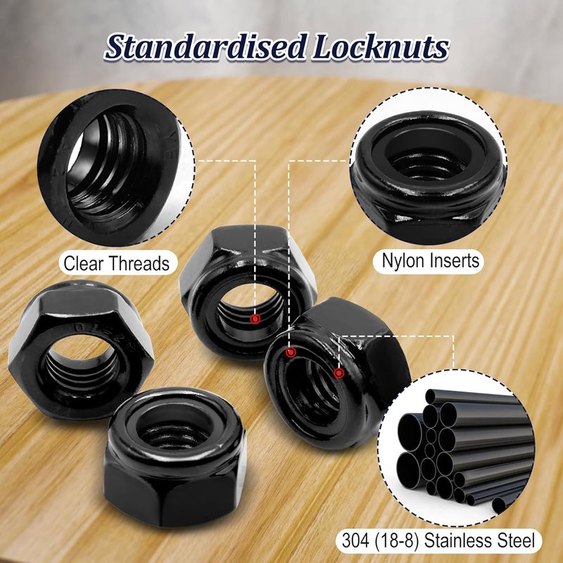 ZQZ 180 Pack Black Locknuts Assortment Kit, M3 M4 M5 M6 M8 M10 M12 Metric Black Nylon Insert Lock Nuts Set, 304 Stainless Steel Standard Threaded Nylock Nuts - Image 3